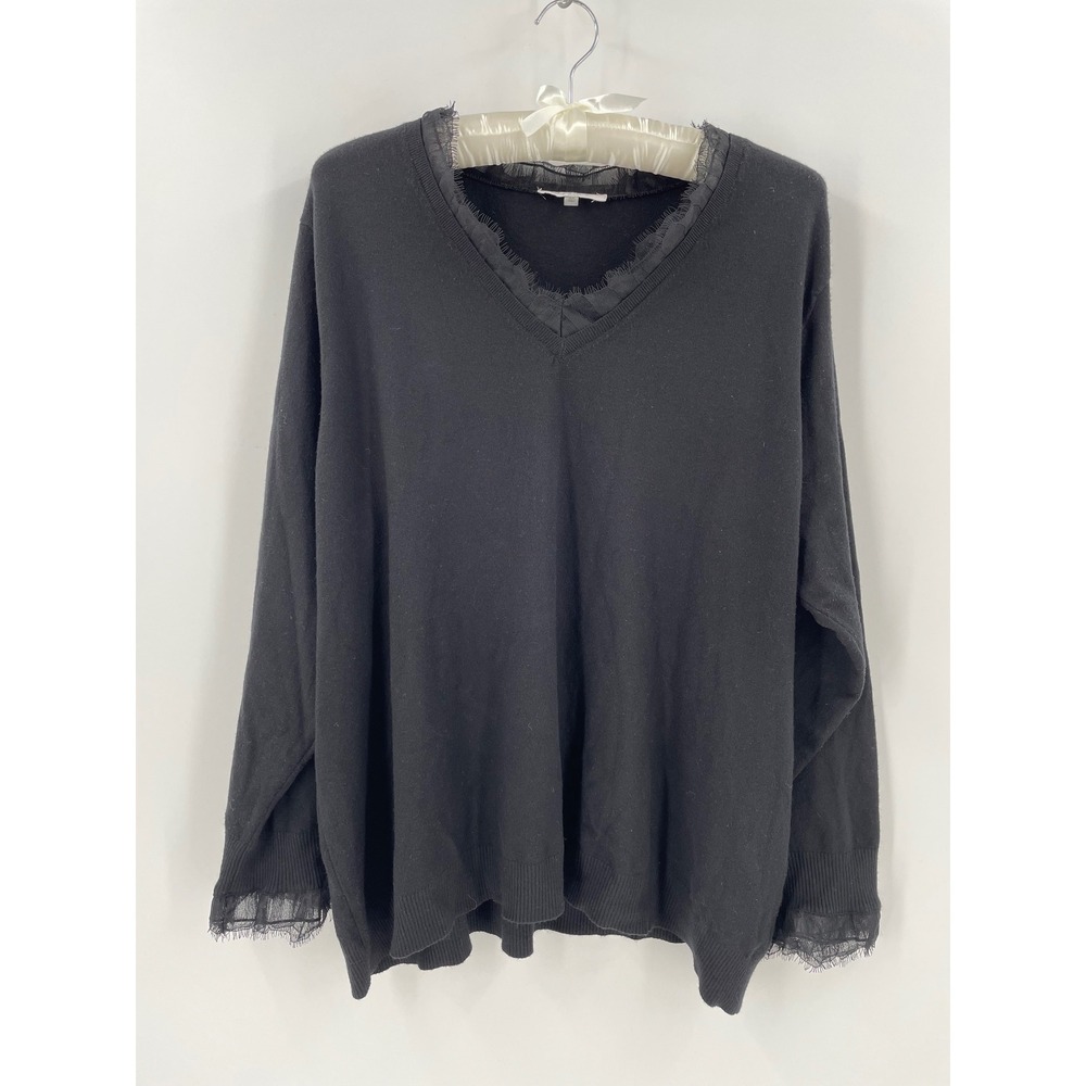 Sioni Milano Black Eyelash Lace Trim V Neck Sweater Womens 3X Pullover